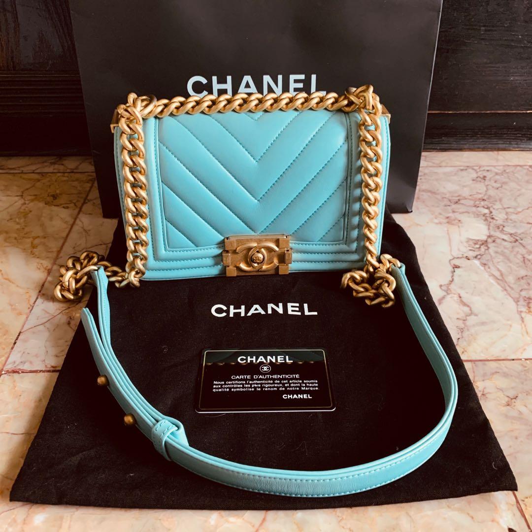 Chanel Tiffany blue gold hardware Boy small 20cm bag authentic, Luxury ...