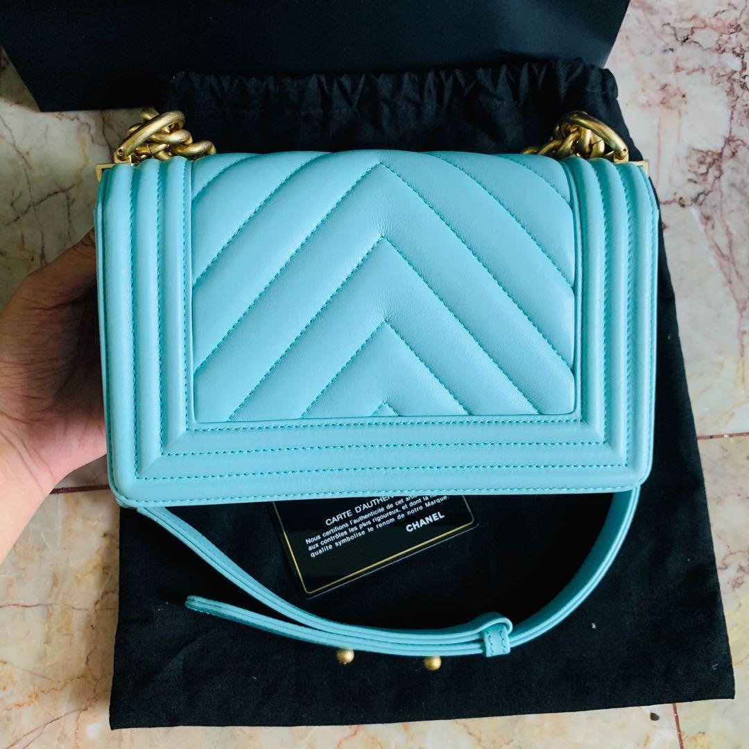 Chanel Tiffany blue gold hardware Boy small 20cm bag authentic, Luxury ...
