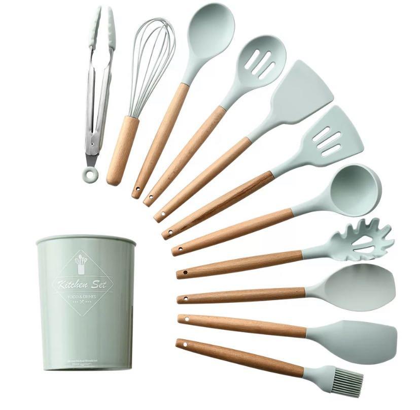 11 pcs Silicon kitchenware utensils (Category: Bakeware) located in Mandaluyong City. Submitted by jaimedios (Listing ID 1019653730, Image 1). Description: For your cooking needs!!! 11 Silicon kitchenware utensils with bucket! Inclusions: Storage bucket Food tongs Soup spoon Scraper Spaghetti Spoon Leaky shovel Flat spoon Flat colander Spatula Whisk Oil brush Blue green silicon with wooden handle - Food grade silicon - FDA approved BPA free, safe
