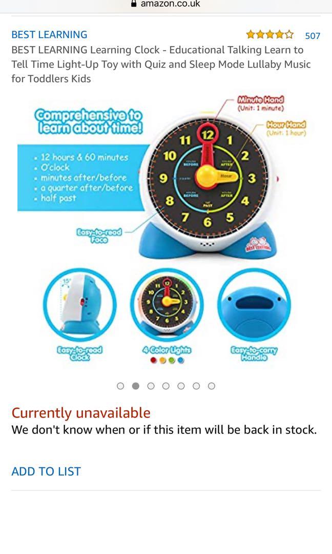 BEST LEARNING Learning Clock Educational Talking Learn to Tell Time LightUp Toy with Quiz and