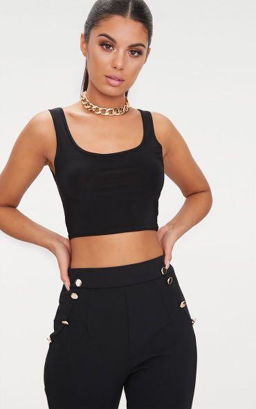 Pretty Little Thing, Black Slinky Square Neck Sleeveless Crop Top