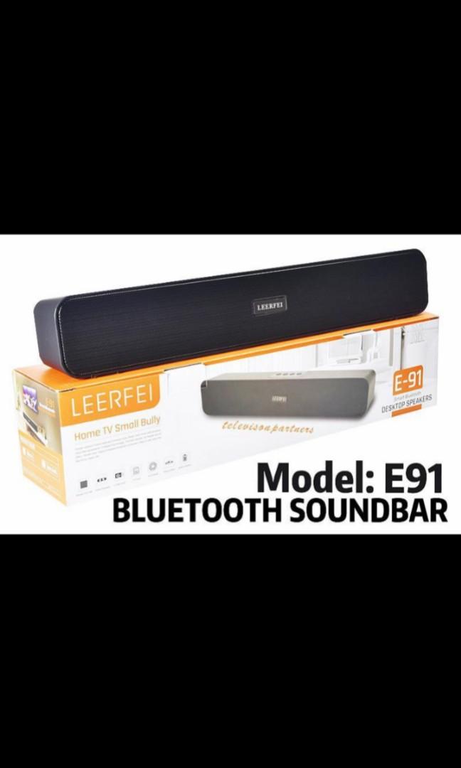 (Model: E91) (Category: TV Parts & Accessories) located in Singapore. Submitted by junejennifer (Listing ID 1019579396, Image 1). Description: *(Model: E91)* *(Bluetooth Soundbar)* *Specifications* -Bluetooth Ver 5.0 -Working distance 10-15m -Battery capacity 1200mAh -LED Display mode -Support USB Flash drive -Support TF Card -Support FM Radio -Support Wireless call distortion -Support AUX connection *1 Colour Available* -Black Delivery will be c