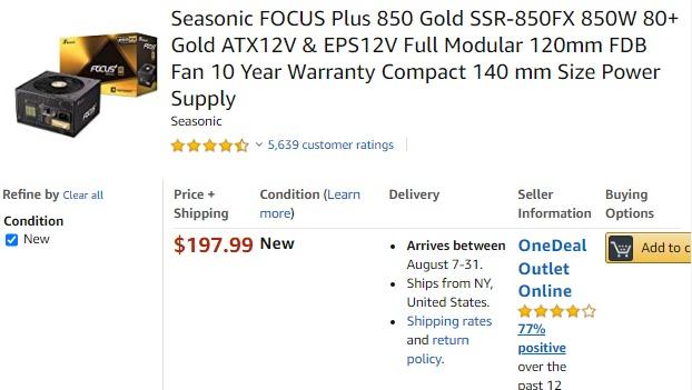 Seasonic FOCUS Plus 850 Gold SSR-850FX 850W 80+ Gold ATX12V & EPS12V Full  Modular 120mm FDB Fan Compact 140 mm Size Power Supply