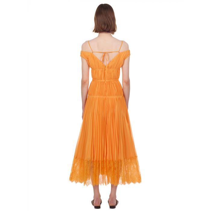 Self Portrait Orange Off Shoulder Pleated Chiffon Dress