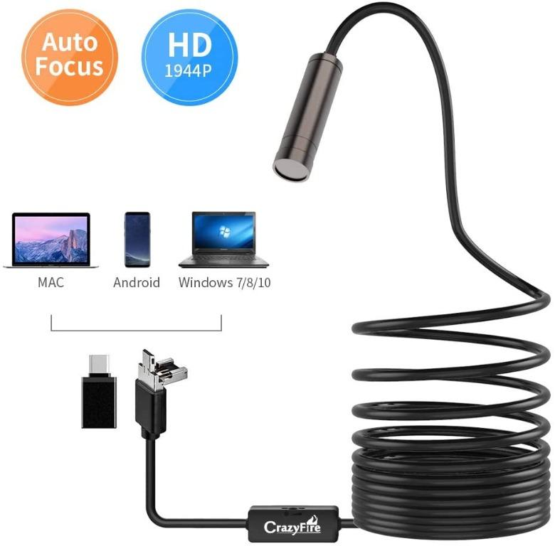 NO iOS ,Tablette-5M CrazyFire Mise au Point Automatique Endoscope,USB dInspection Caméra,5.0 Mégapixels 1944P HD Caméra,Endoscopique Câble Semi Rigide,Etanche Endoscope avec 2 LEDs pour Android 