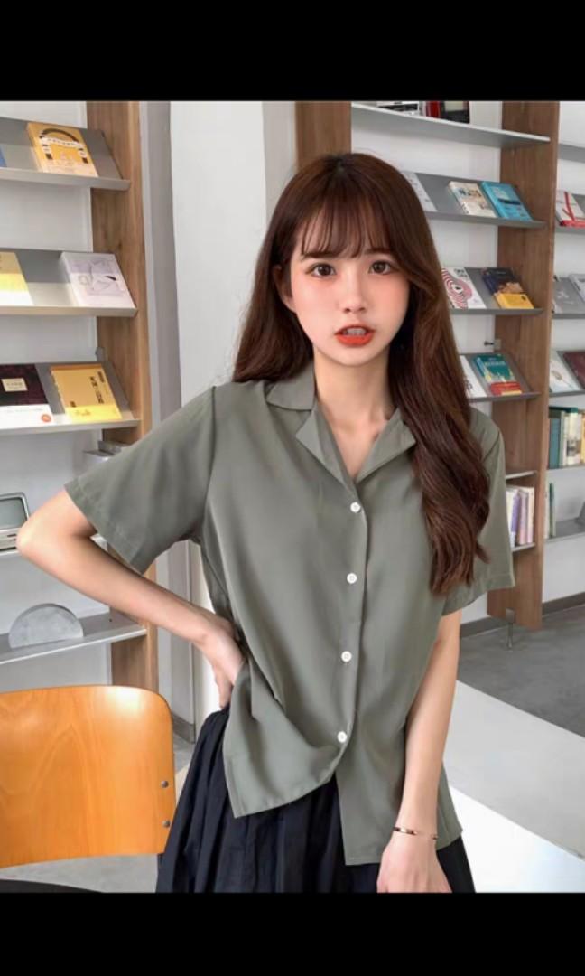Brand New Women S Formal Short Sleeve Button Shirt Top In Olive Green Colour Women S Fashion Clothes Tops On Carousell
