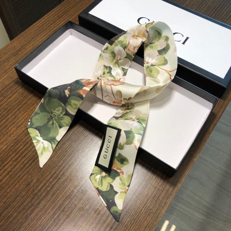 Discounted Pale Green Pink Floral Flower Gucci Bag Silk Neck Wrist Twilly Hair Tie, Women's Fashion, Watches Accessories, Scarves on Carousell