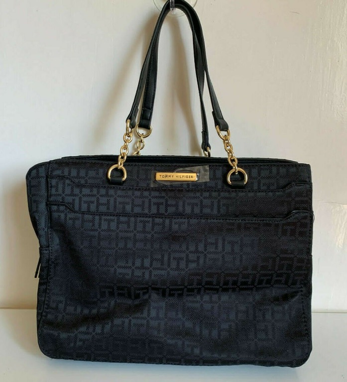 NEW TOMMY HILFIGER BLACK GOLD CHAIN SHOPPER SATCHEL TOTE BAG
