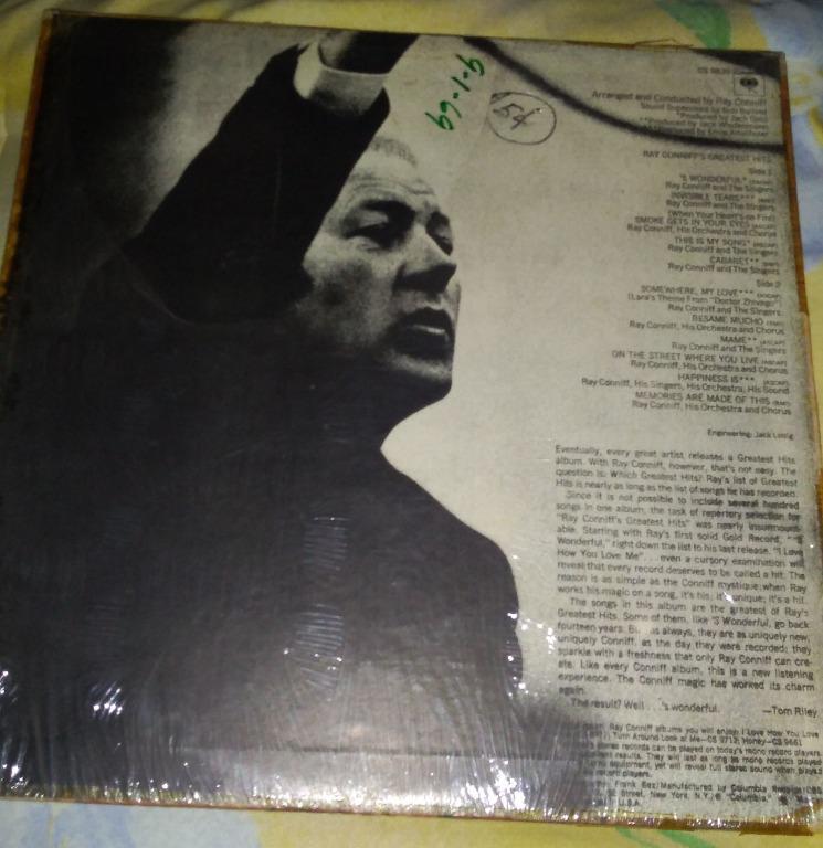 Ray Conniff's Greatest Hits (album) (Category: Vinyls) located in Caloocan City. Submitted by junmadrid (Listing ID 1019799255, Image 2). Description: Long Playing Record Ray Conniff's Greatest Hits Php 700.00 Songs included: Side 1 'S Wonderful Invisible Tears Smoke Gets In Your Eyes This Is My Song Cabaret Side 2 Somewhere, My Love Besame Mucho Mame On The Street Where You Live Happiness Is Memories Are Made Of This Both sides of the vinyl are 