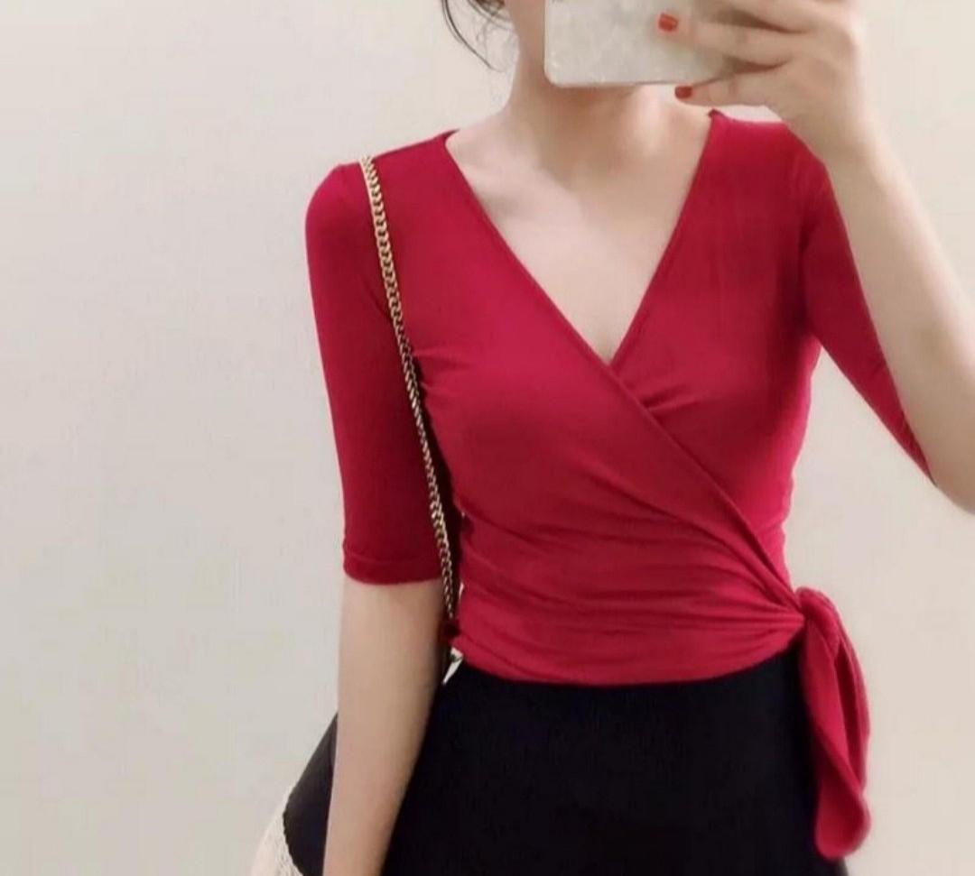 red wrap top long sleeve