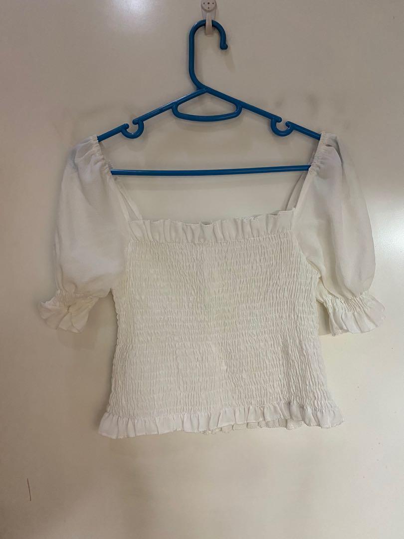 White smocked puff sleeve top, Women's 