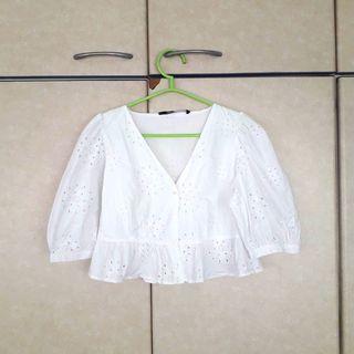 Zara White Eyelet Slightly Cropped Top with Puffed Sleeves