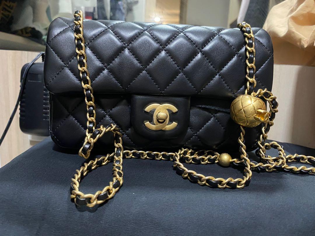 Chanel Pearl Crush Mini Square Flap Bag Beige Lambskin Antique Gold Hardware