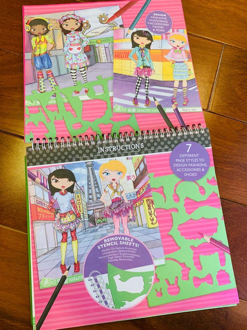 Fashion Angels (Category: Stationery & School Supplies) located in Del Monte. Submitted by thebookbug (Listing ID 1020041482, Image 2). Description: Harajuku Style Portfolio This fun sketch portfolio comes with removable, plastic stencils with 100+ shapes to help create your designs on the pre-printed drawing sheets. The spiral bound book is great for designing where ever you go. Includes 40 design drawing pages, 7 plastic stencil sheets and over