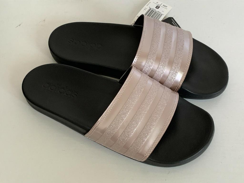 NEW ADIDAS ADILETTE ROSE GOLD GREY BLACK COMFORT SLIDES SLIPPERS 8 40.5 SALE