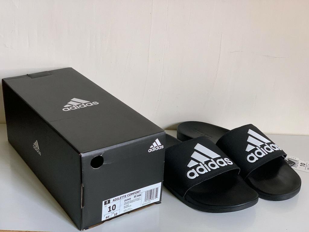 New Adidas Black Adilette Cloudfoam Plus Stripes Comfort Slides Slippers 10 44 5 Sale Men S Fashion Footwear Slippers Sandals On Carousell