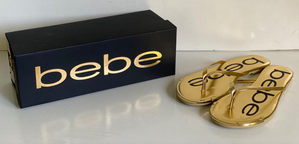 New Bebe Ilana Logo Gold Slip On Sandals Flip Flops Slippers 6 36 49 Sale Women S Fashion Footwear Flats Sandals On Carousell