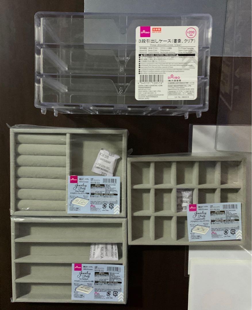 New Daiso Jewellery Clear Box Case with 3Jewellery Tray, Furniture