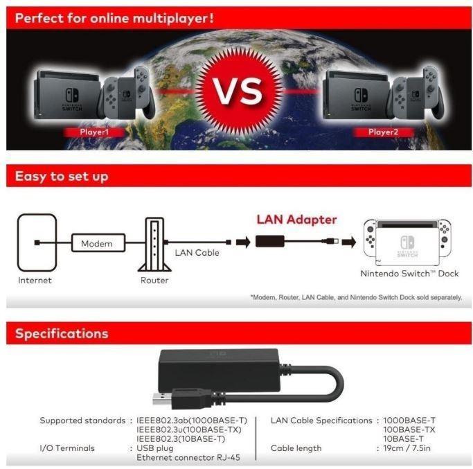 Nintendo Switch Wired Internet LAN Adapter Video Gaming Video