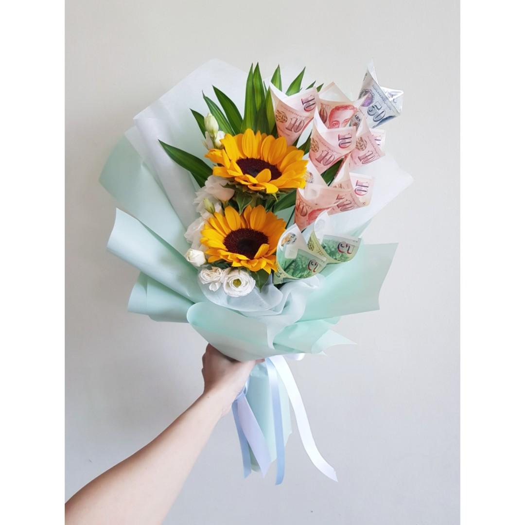 Popular Fresh Sunflower Flower Money Bouquet For Celebration Birthday Lover Friend Graduation Dating Gardening Flowers Bouquets On Carousell