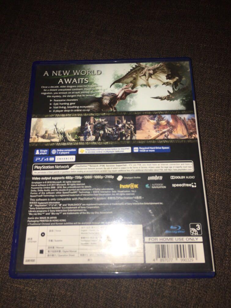 PS4: MONSTER HUNTER WORLD (Category: PlayStation) located in Manila. Submitted by smfishi (Listing ID 1020072486, Image 2). Description: Pristine Condition! Fixed price already.