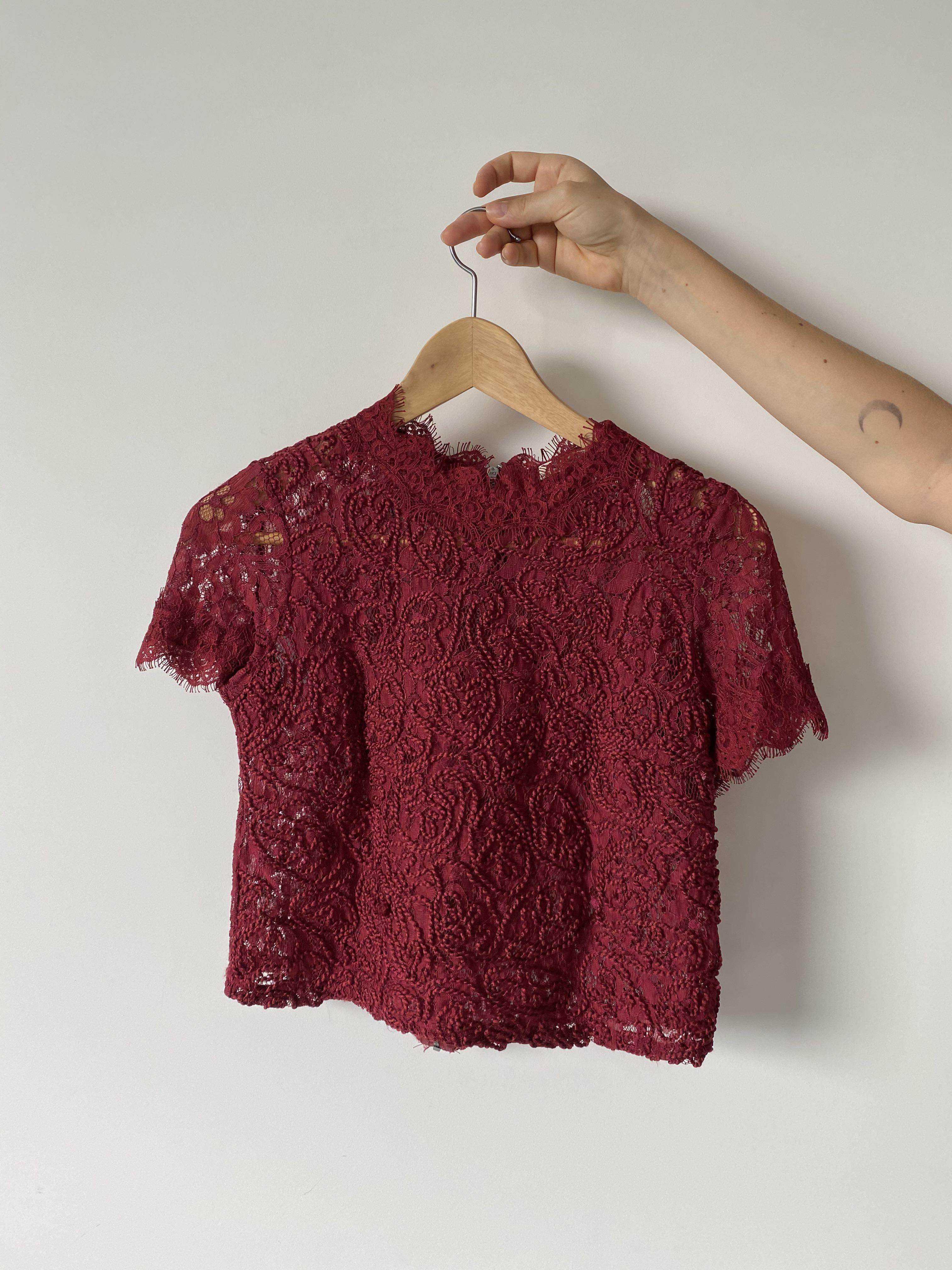 Zara burgundy lace top, Women's Fashion, Tops, Sleeveless on Carousell