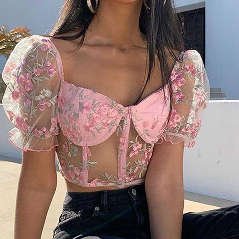 black floral bustier crop top, Women's Fashion, Tops, Sleeveless on  Carousell