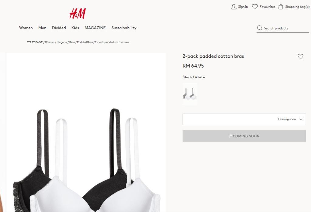 H&M 2-pack padded cotton bras 75C navy + white