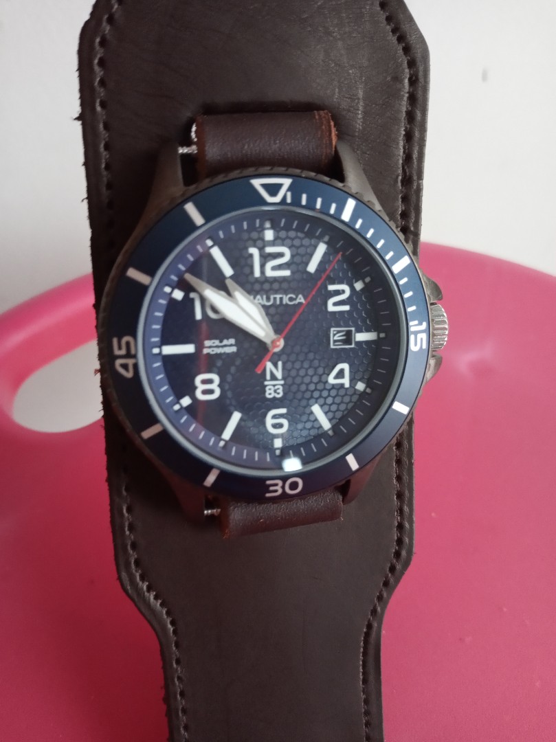 Jam Nautica solar powered custom bunstrap kulit retro style, Fesyen