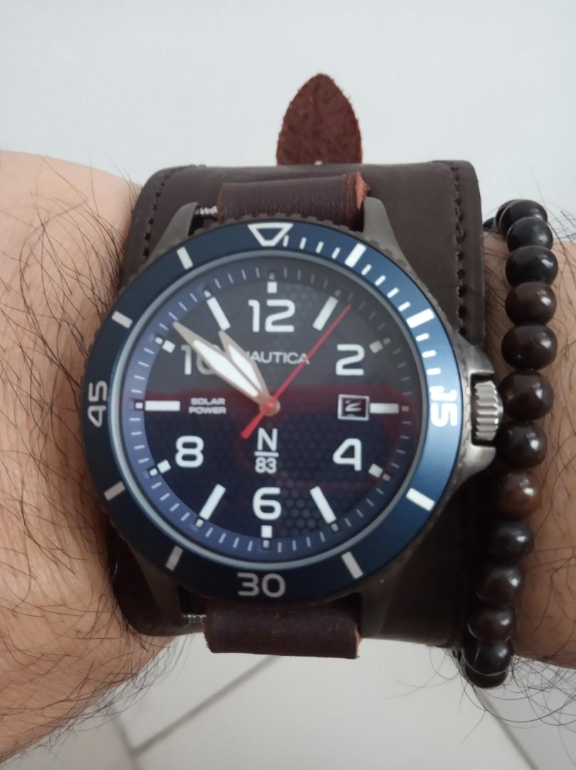 Jam Nautica solar powered custom bunstrap kulit retro style, Fesyen