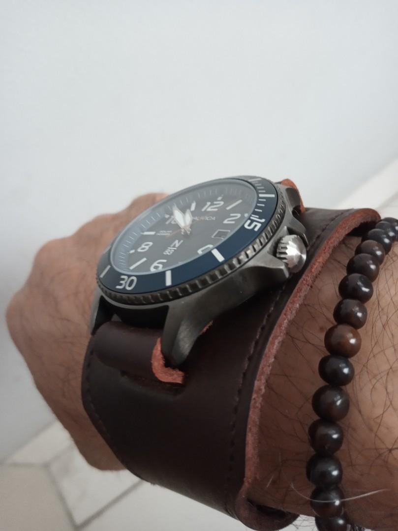 Jam Nautica solar powered custom bunstrap kulit retro style, Fesyen