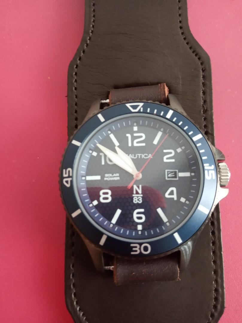 Jam Nautica solar powered custom bunstrap kulit retro style, Fesyen