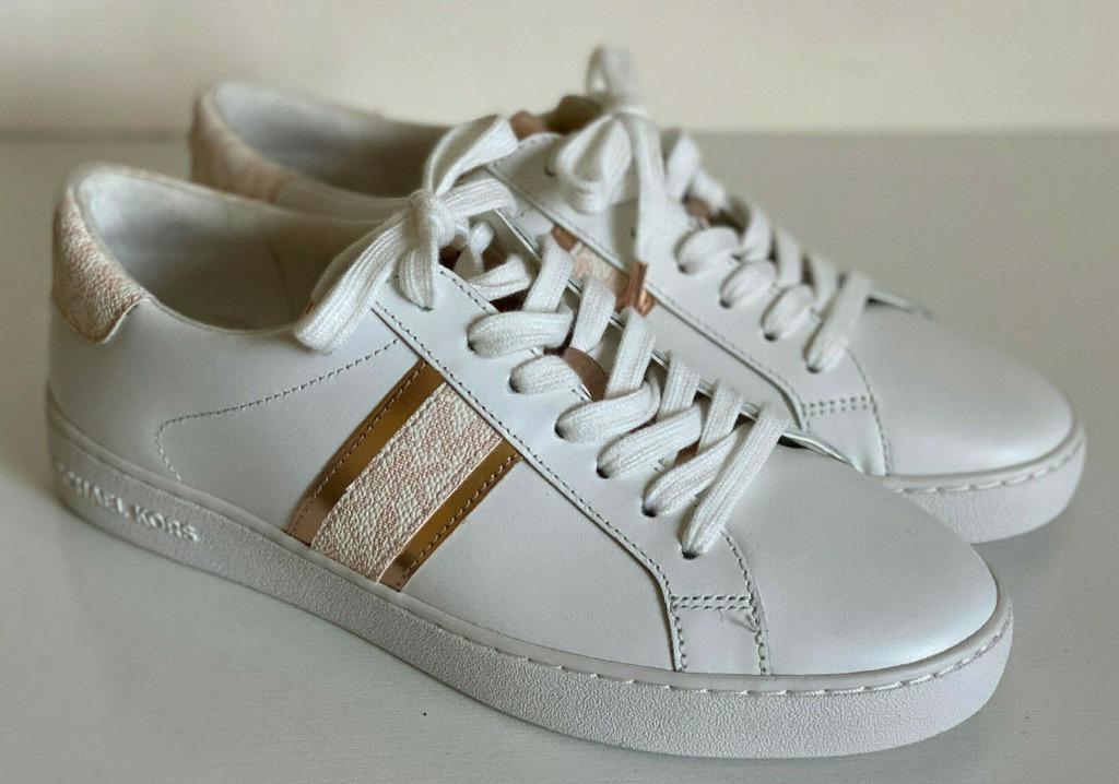 NEW MICHAEL KORS MK IRVING STRIPE WHITE PINK LACE UP LEATHER SHOES SNEAKERS 6.5 36.5 165 SALE