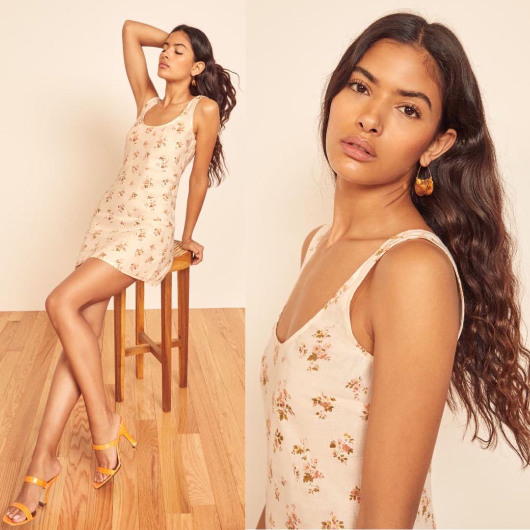 reformation bo linen dress steal!! 💎 Reformation Bo Scoop Neck Mini Dress in Mildred authentic ref,  Women's Fashion, Tops, Sleeveless on Carousell