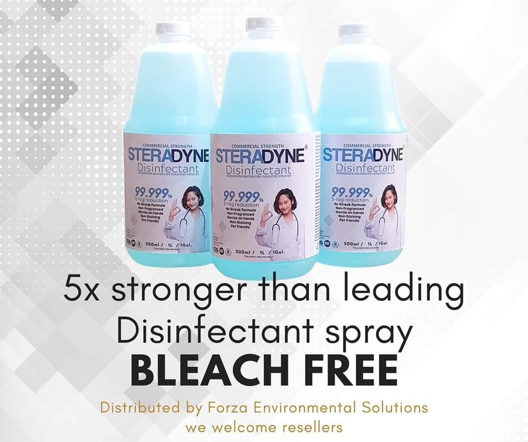 Steradyne Disinfectant (Category: Detergents) located in Pasig City. Submitted by kanello (Listing ID 1020406786, Image 3). Description: Steradyne is an effective Bactericide and renders surfaces Bacteriostat (no-growth) for an extended period even after the solution have dried. 👍super safe 👍non-corrosive 👍no bleach 👍no alcohol 👍no chlorine 👍pure QAC 👍received US certification ✔️odorless ✔️gentle on skin ✔️non-staining ✔️non-toxic PRICES: 