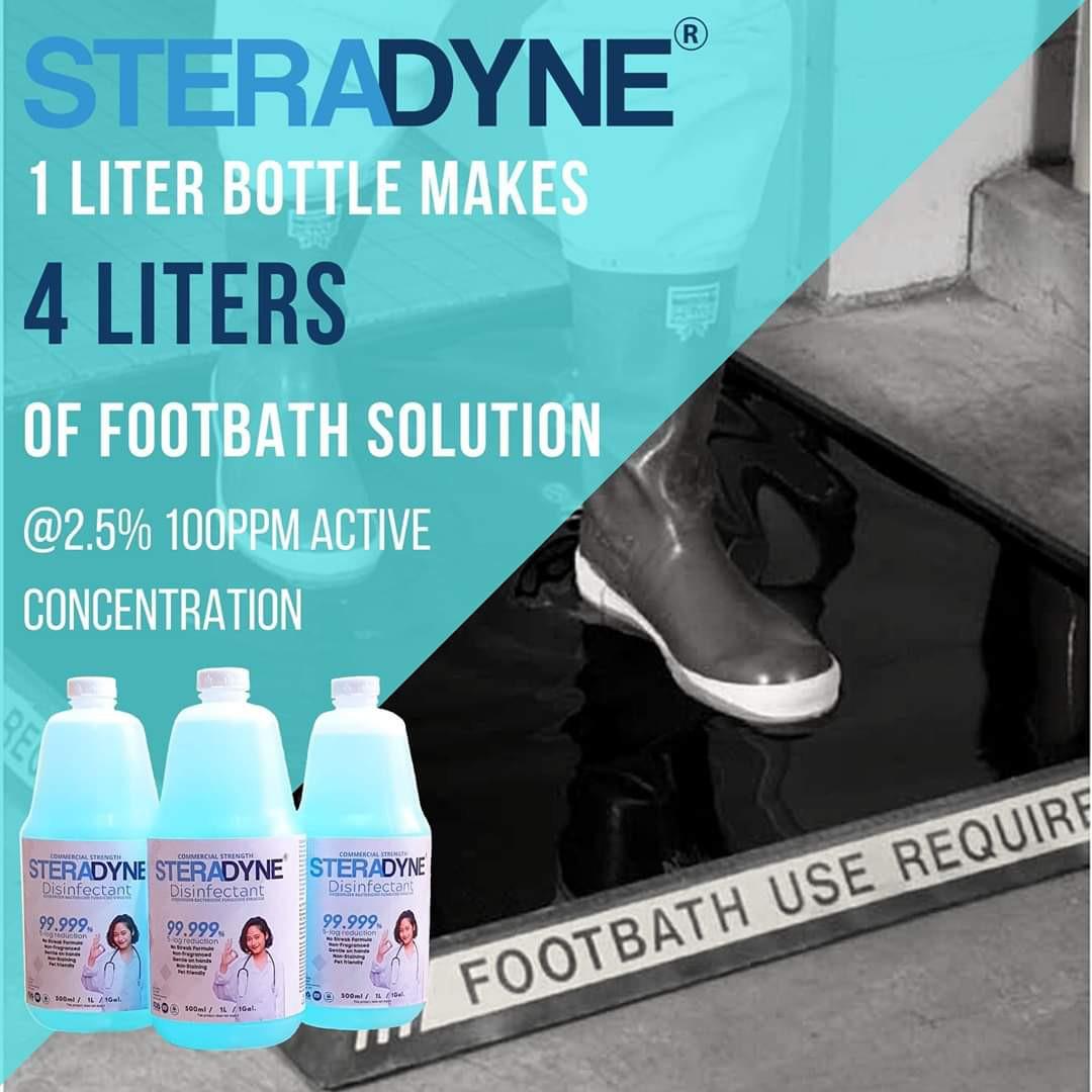Steradyne Disinfectant (Category: Detergents) located in Pasig City. Submitted by kanello (Listing ID 1020406786, Image 2). Description: Steradyne is an effective Bactericide and renders surfaces Bacteriostat (no-growth) for an extended period even after the solution have dried. 👍super safe 👍non-corrosive 👍no bleach 👍no alcohol 👍no chlorine 👍pure QAC 👍received US certification ✔️odorless ✔️gentle on skin ✔️non-staining ✔️non-toxic PRICES: 