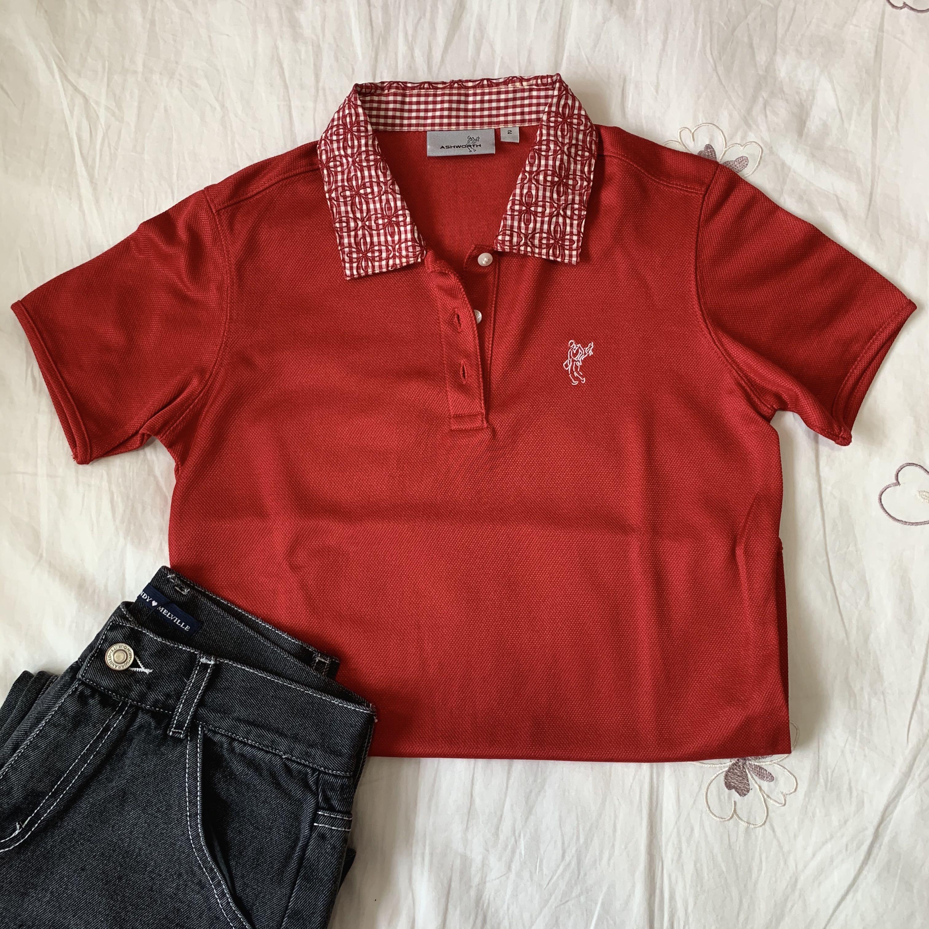 vintage ashworth signature embroidery checkered plaid collar logo polo golf shirt Women s Fashion Tops Shirts on Carousell
