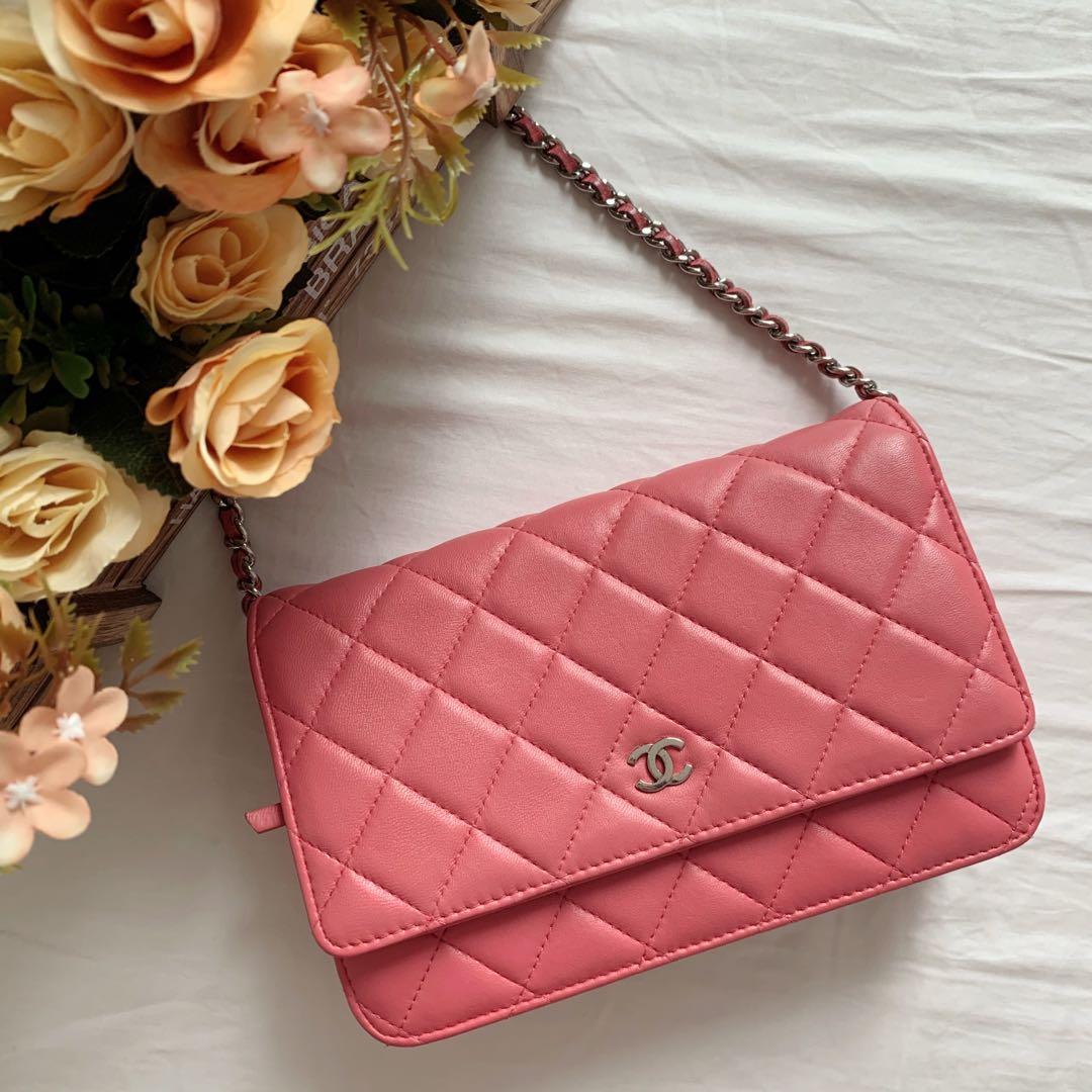 Chanel wallet on chain bag WOC in coral pink lambskin silver hardware  [authentic], Luxury, Bags & Wallets on Carousell