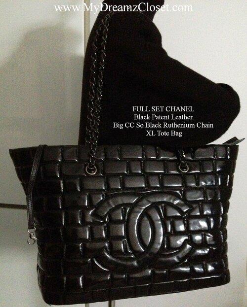 Chanel black patent leather on sale tote bag