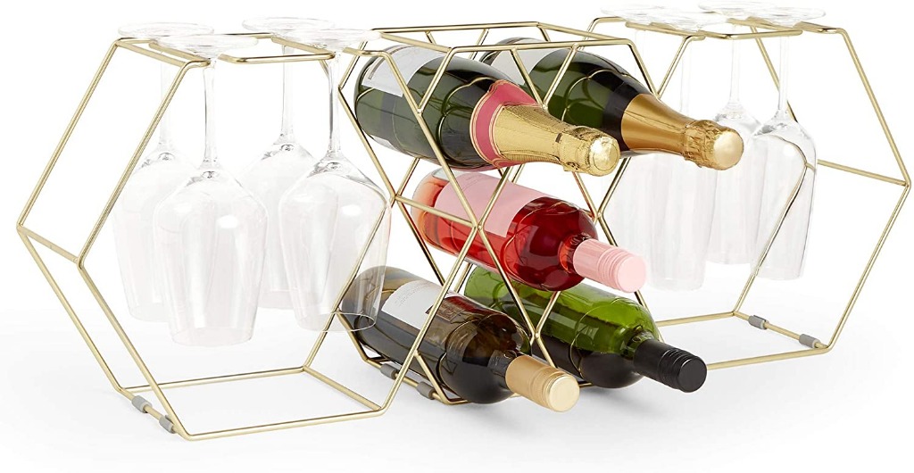 (HOT) VonShef 5 Bottle Wine Rack & Glass Holder 8 Long Stemmed Glasses