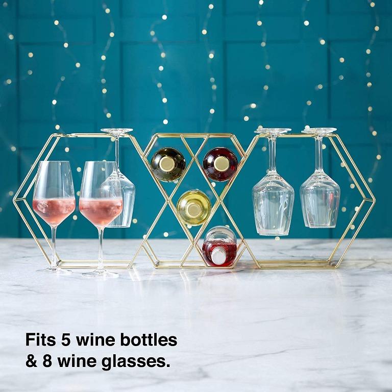 (HOT) VonShef 5 Bottle Wine Rack & Glass Holder 8 Long Stemmed Glasses