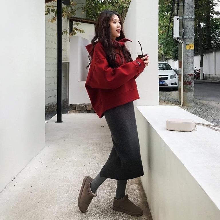 Red Oversized Hoodie Grey Knit Skirt