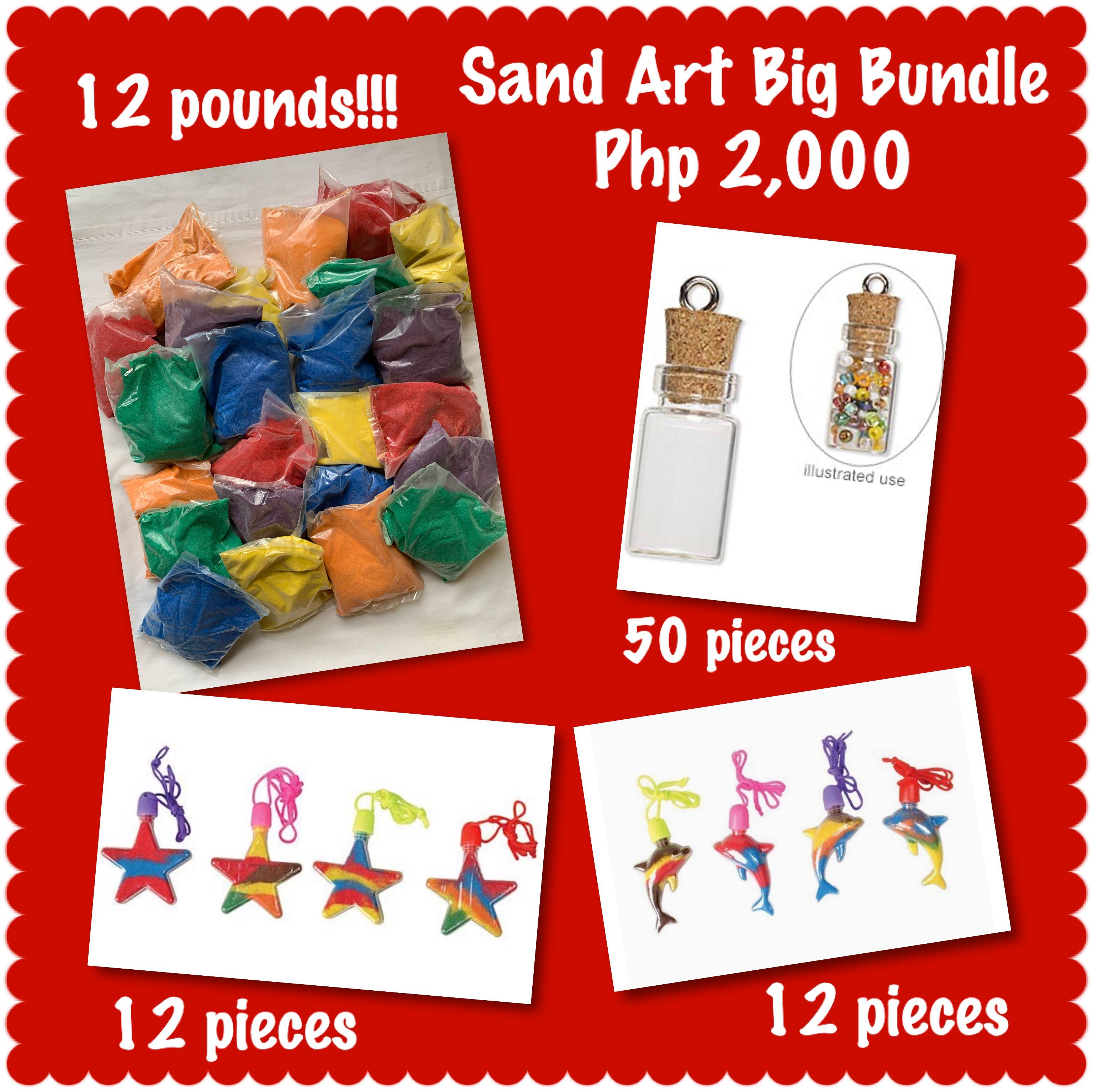Sand Art Big Bundle (Category: Craft Supplies & Tools) located in Quezon City. Submitted by projectprelovedreloved (Listing ID 1019140655, Image 1). Description: Sand Art Bundle. Bought in the USA. Brand new. Bundle includes the following: 4 sets Activa™️ 6-color sand. 3 lbs of sand per set. Total of 12 Pounds of Sand. 50 pieces Glass bottle charm pendant kit. 1 inch bottles. 12 pieces Dolphin bottle necklace. 12 pieces. Star bottle necklace. 12 