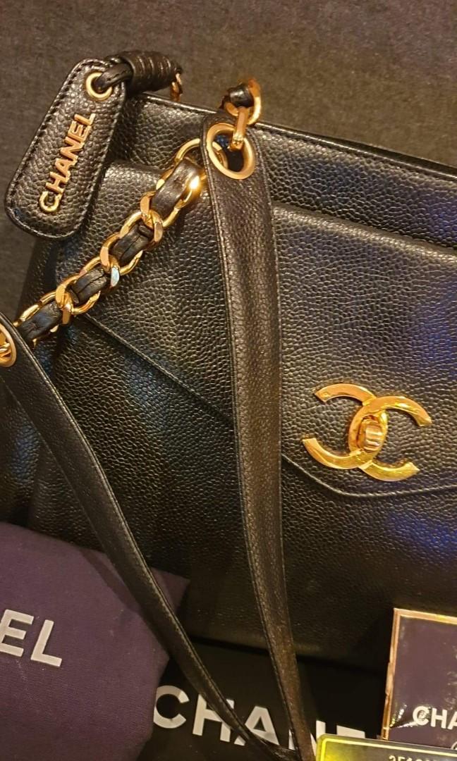 1001% Authentic Chanel Vintage Black Caviar Leather Front Envelope Pocket  Tote Chain Shoulder Bag, Luxury, Bags & Wallets on Carousell