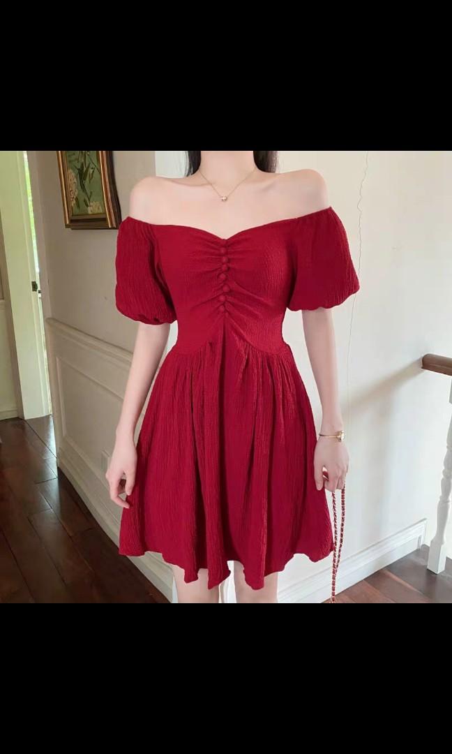 Plus size Wine Red Off Shoulder Dress 