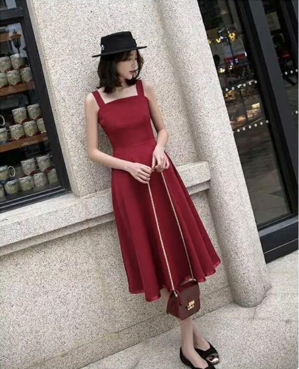 CNY SALES Pretty Midi A Line Maxi Dress in Wine Red Round Cut