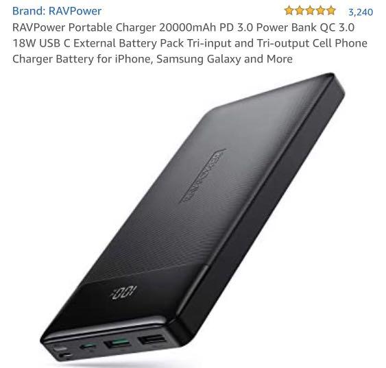 RAVPower Portable Charger 20000mAh Power Bank USB C Battery Pack