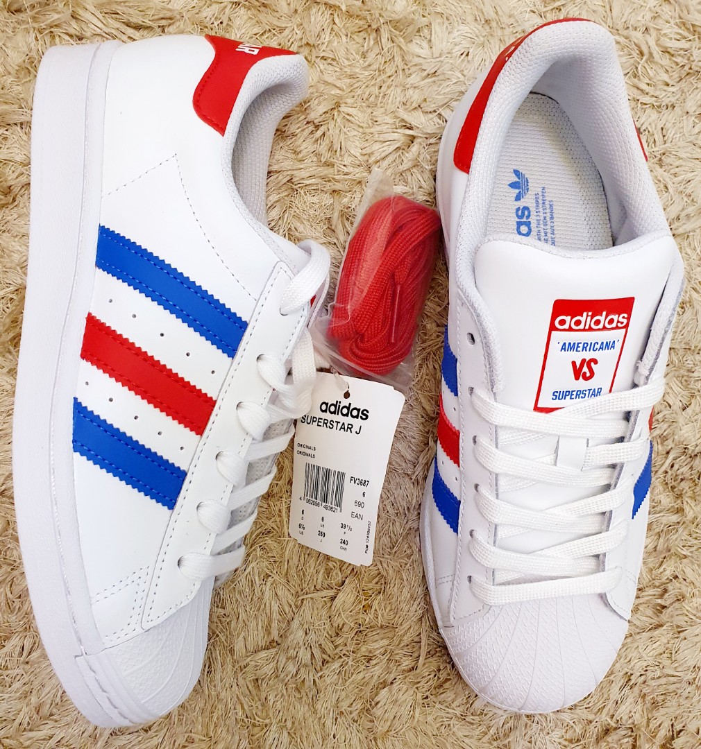 cerebro Lubricar Hostil Without box)Adidas Superstar Americana size 4.5J (fits 6-6.5 US women) and  6.5J (fits 8-8.5 US women). 2600. Before: 4800, Women's Fashion, Footwear,  Sneakers on Carousell