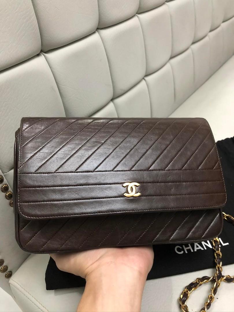 Authentic Chanel Diagonal Quilted Lambskin Single Flap Bag