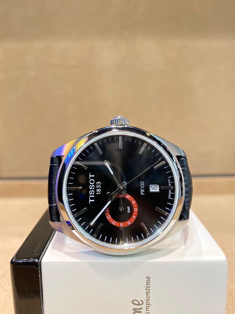Brand New Tissot PR100 GMT T101.452.16.051.00 Black Dial Quartz Steel Casing Leather